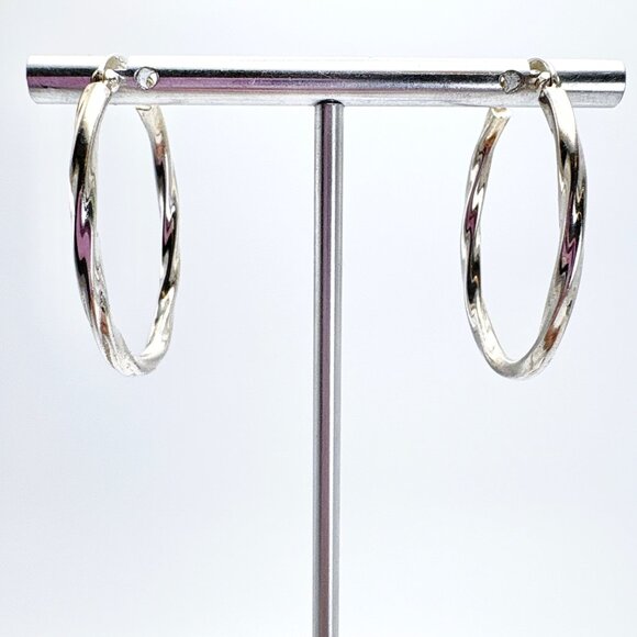 VTG Solid Sterling Silver 925 Elongated Twist Hoop Earrings Size 1.25" Length - Picture 1 of 9